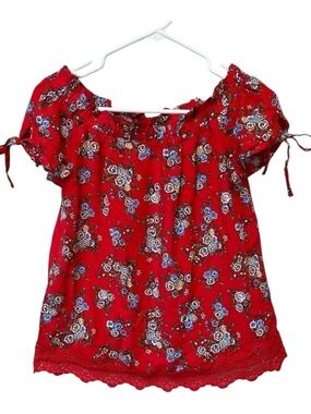Red Floral Off Shoulder Boho Blouse Tie Sleeve XS Festival Top